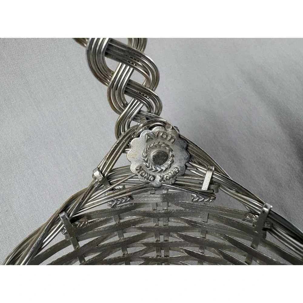 1960s Avon Woven Basket Silver Tone Aluminum Hinged Handle 6.5
